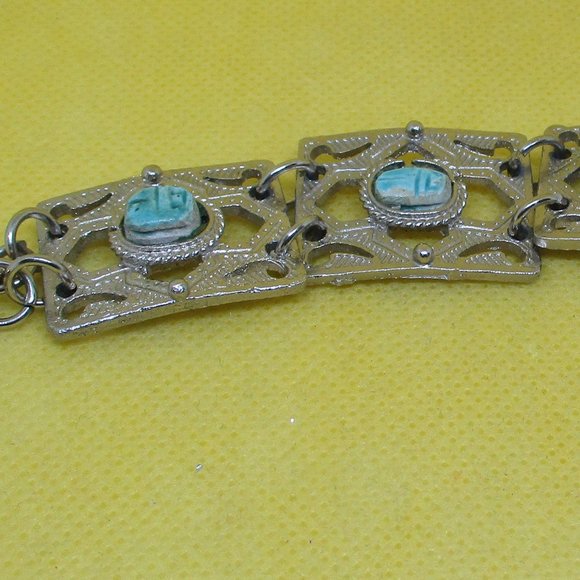EGYPTIAN Revival SCARAB ANKH Turquoise STONE Silver Tone Metal Panel Bracelet - Picture 9 of 13